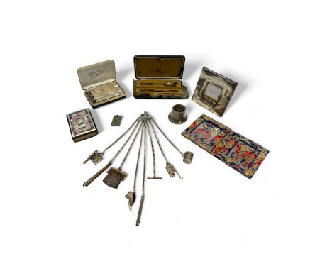 A collection of silver and other items , to include a 925 silver chatelaine, a square silver photo frame, a cased silver knif