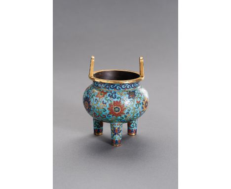 A CLOISONNE ENAMEL 'LOTUS' TRIPOD CENSER, LATE QINGChina, late Qing dynasty (1644-1912). The globular body supported on three