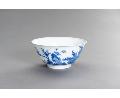 A FINE BLUE AND WHITE PORCELAIN 'BIRDS' BOWL, KANGXI PERIODChina, Kangxi period (1662-1722). The deep rounded sides rising fr