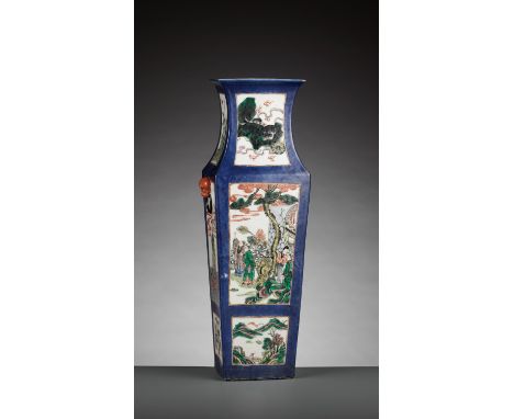 A POWDER BLUE-GROUND FAMILLE VERTE SQUARE BALUSTER VASE, LATE QING DYNASTYChina, 19th century. Decorated on each side with tw