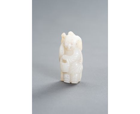 A WHITE JADE FIGURE OF ZHOU YANZIChina, Qing Dynasty (1644 - 1912). The white and russet jade figure of Zhou Yanzi, grasping 