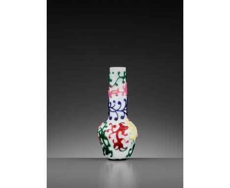 A FIVE-COLOR OVERLAY GLASS 'CHILONG' BOTTLE VASE, QIANLONG MARK AND PERIODChina, 1736-1795. Finely carved through a single tr