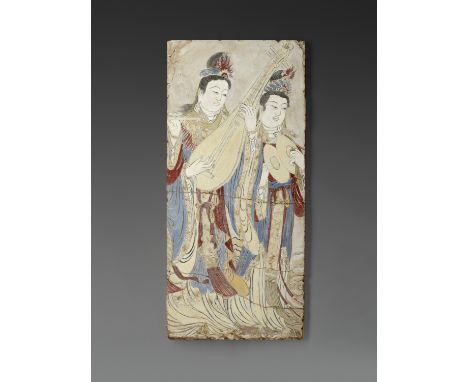 A POLYCHROME STUCCO FRESCO FRAGMENT, YUAN TO MING DYNASTYChina, 1279-1644. The rectangular panel painted with two celestial m