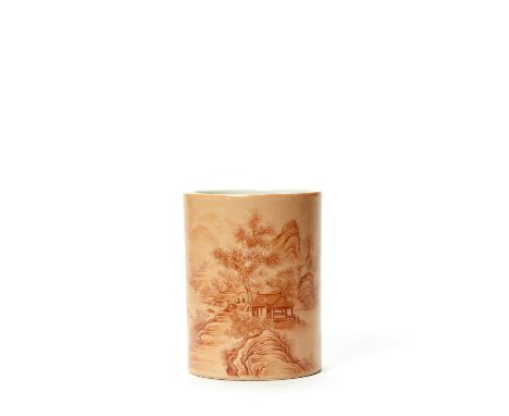 A 'CAFE AU LAIT' GLAZED PORCELAIN BRUSHPOT WITH FINE SHAN-SHUI PAINTINGChina, Qing dynasty. The cylindrical brushpot covered 