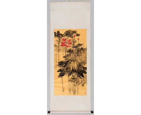 AFTER ZHANG DAQIAN (1899-1983)A large painting with depictions of lotus flowers and leaves on unusual gold paper, in the mann