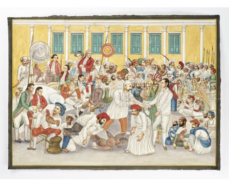 A LARGE INDIAN COMPANY SCHOOL PAINTING OF A COCK FIGHTIndia, 1900-1930. After Johan Zoffany's painting "Colonel Mordaunt's Co