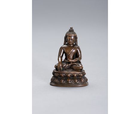 A COPPER BRONZE FIGURE OF BUDDHA SHAKYAMUNINepal, 19th century. Cast, seated in dhyanasana on a double-lotus base, the right 