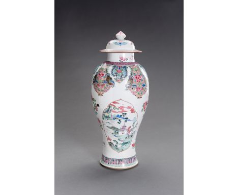 A FAMILLE ROSE ENAMELED PORCELAIN BALUSTER VASE AND COVER, QIANLONGChina, Qianlong period (1735-1796). The baluster body risi