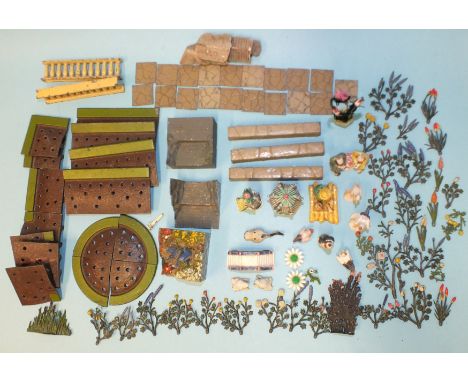 A quantity of Britains metal garden series, to include flowers and borders, rockery balustrades, paving slabs, walls, also so