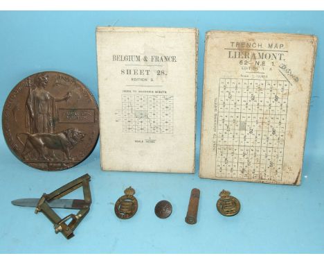 A British WWI memorial plaque to Thomas John McMullen, a trench art folding knife, a trench map of Liermont Edition 1A, 1:10,