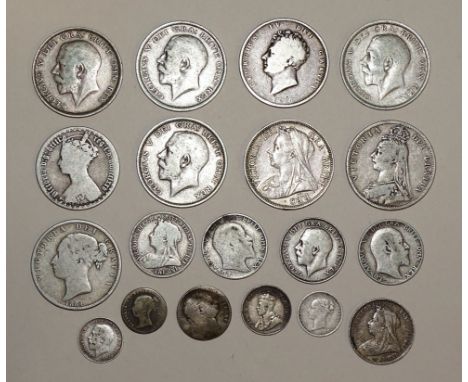 A small collection of pre-1919 British silver coins, including a George IV 1826 half-crown, Victoria 1884, 1887, 1901 half-cr