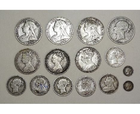 A collection of fifteen Victoria silver coins, comprising: four half-crowns 1879, 1894, 1895, 1901, three Gothic florins 1873