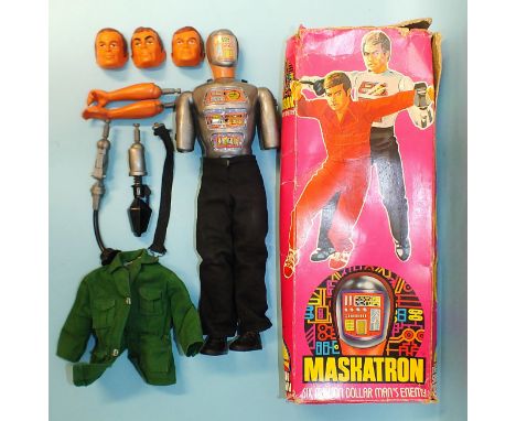 Denys Fisher, Six Million Dollar Man Maskatron action figure c1973, boxed with three masks, super-suction arm and vice-grip a