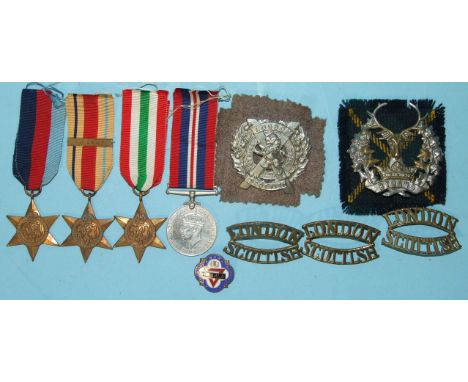 A group of four WWII medals awarded to Pte/acting L/Cpl E J Fleming, Gordon Highlanders: 1939-45, Africa (8th Army bar) and I