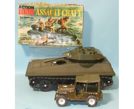 A Palitoy Action Man Assault Craft, boxed, a scorpion tank (no box) and a Tonka US jeep, (3). 