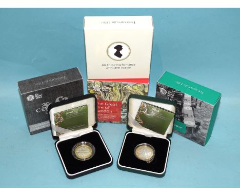 The Royal Mint six silver proof Piedfort £2 coins: 2003 (DNA) x2, 2016 (Shakespeare's Comedies), 2016 (Fire of London), 2017 