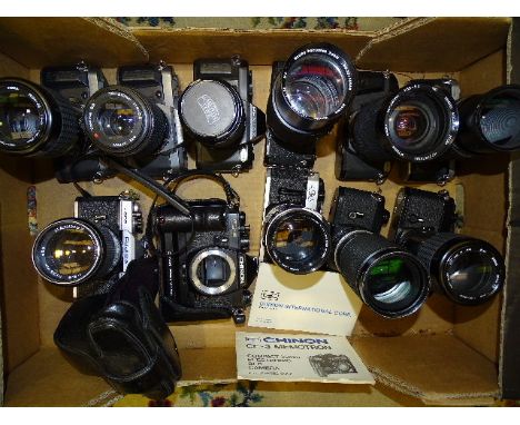 Eleven SLR cameras: Pentax P30 (x3), ME Super, MV &amp; P50, Nikon FM &amp; EM, Canon AE-1, Chinon CE-3 Memotron (with manual