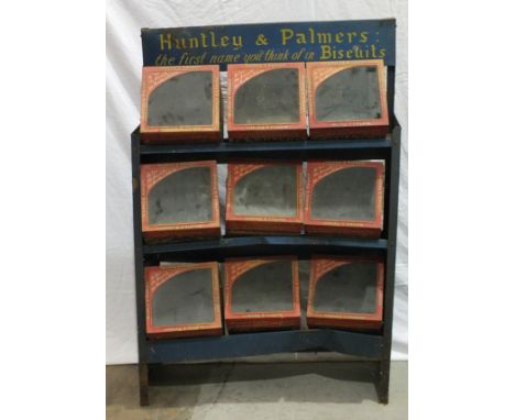 Huntley &amp; Palmers, a set of three grocers metal shelves holding nine Huntley &amp; Palmers glass-topped display biscuit t