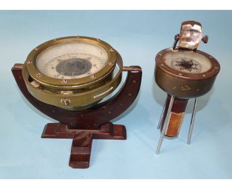 A ships brass gimbal compass, 15cm diameter, marked Patt.183 no.3792B, mounted on a wooden stand, together with a Henry Brown