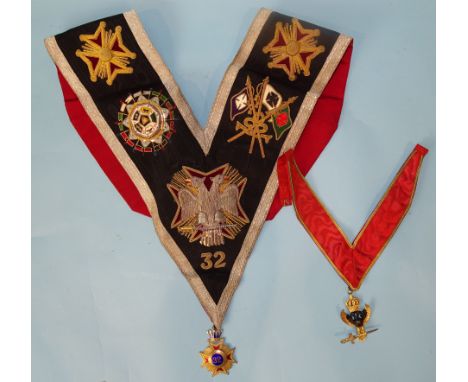 A vintage Masonic 32nd Degree embroidered collar with silver-gilt and enamelled collar jewel by Toye &amp; Co. 1961 and a col