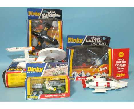 Dinky Toys, 358 Star Trek USS Enterprise with four (of six) missiles, (box a/f), 362 Trident Star Fighter with missiles, 367 