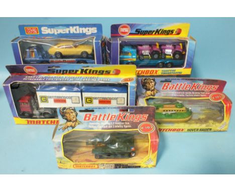 Matchbox Superkings: K2 Car Recovery Vehicle, K17 Scammell Crusader, K-21 Tractor Transporter, all boxed and two Battle Kings