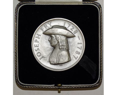 A Joseph Fry 1728-1787 Bicentenary of his Birth 1928 silver medal by H Youngman, obverse bust of Fry facing left bewigged and