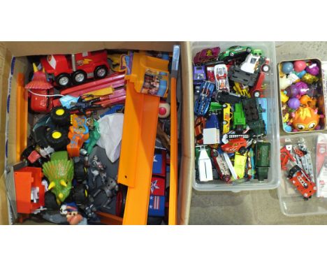 A collection of modern diecast models, mainly Mattel, various plastic figures and miscellaneous items. 
