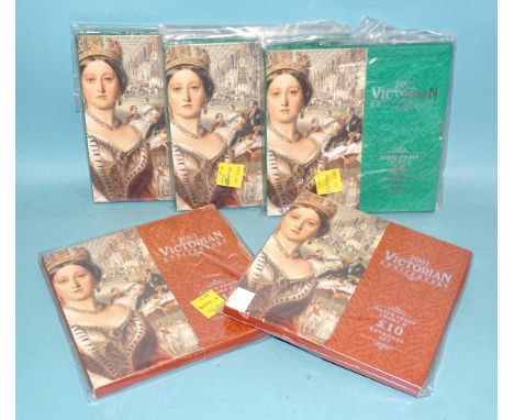 Royal Mint, two 2001 Victorian Anniversary silver proof crown and £10 banknote sets, together with three 2001 Victorian Anniv