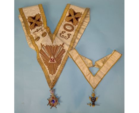 Masonic interest, a vintage 31st Degree collar and enamelled white metal jewel stamped SILVER GK and a collarette with gilt a