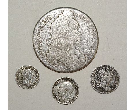 A George III silver 1863 Maundy twopence and threepence, a George V 1917 threepence and a William III crown, rubbed, engraved