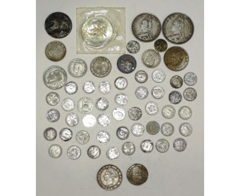 A Victoria 1887 crown, an 1888 half-crown, pre-1920 and 1947 silver threepences and other coinage. 