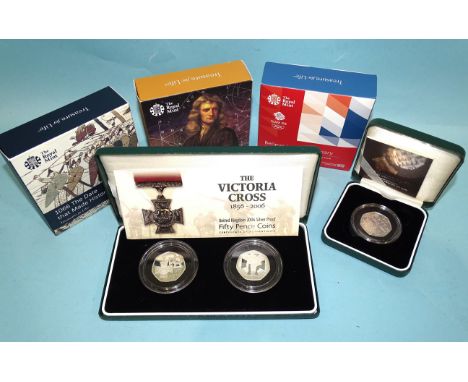 The Royal Mint four silver proof 50-pence coins: 2005 (Johnson), 2016 (Team GB), 2016 (Hastings), 2017 (Newton), together wit