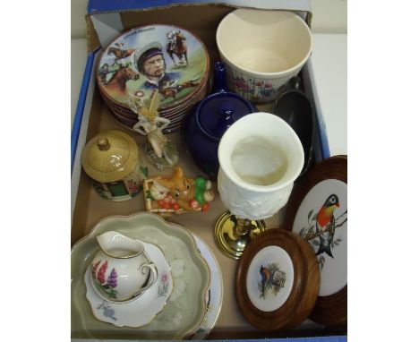 Set of Royal Worcester Great Jockeys collectors plates, Silvac bell in the form of a cottage, a brass &amp; porcelain tea lig