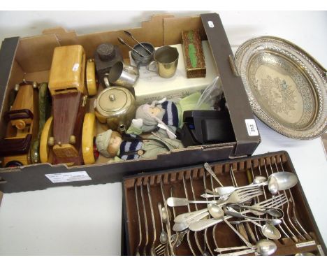 Two carved wooden models of cars, various silver plated ware, Chinese tea caddy, dolls and other items 