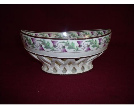19th C Sewell Pottery (Newcastle) pearl ware chestnut basket with painted border of thistles (24cm x 18cm x 11cm), the base w