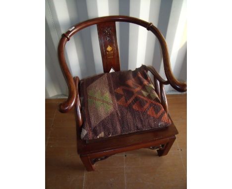 Chinese style hardwood armchair with deep square base, inlaid detail to the back panel and loose woollen woven swab cushion 