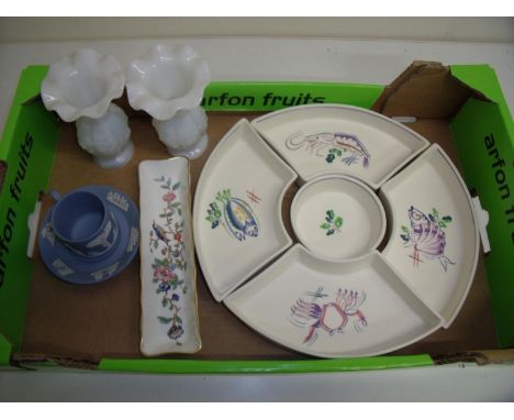 Poole Pottery five piece Hors d'oeuvre dish set with artist mark for Aua, a Ainsley dish, pair of opaque glass vases and a We