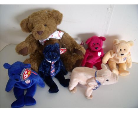 Russ vintage teddy bear with scarf an five assorted Beanies Bears &amp; pig (6) 