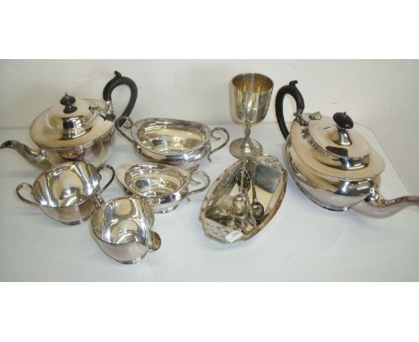 Four piece silver plated tea service, various other plated ware and a brass toasting fork, in one box 