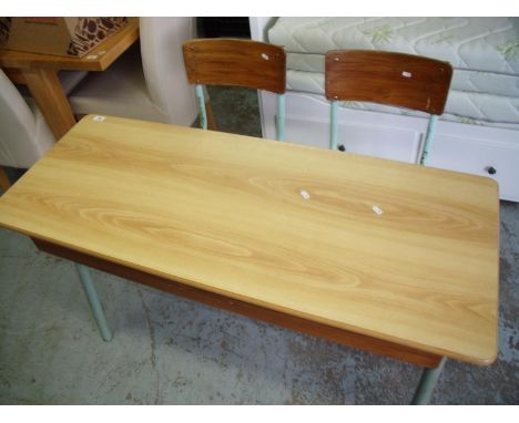 Vintage style school two person desk with metal frame, lightwood top with under shelf and fixed seats (width 118cm) 