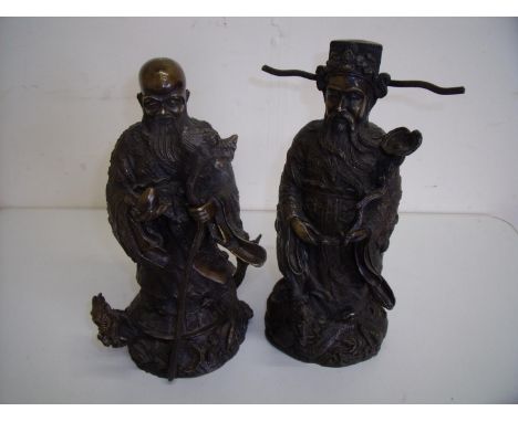 Pair of early-mid 20th C Chinese bronze figures of Sages with dragon type bases (approx. 30cm high) 