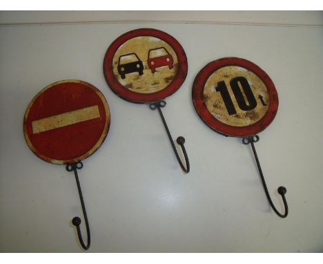 Set of three pressed metal 'Road Sign' wall mounted coat hooks 