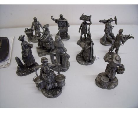 Collection of twelve 'The Cries of London' John Pinches pewter Franklin Mint figures, with associated certificates etc 