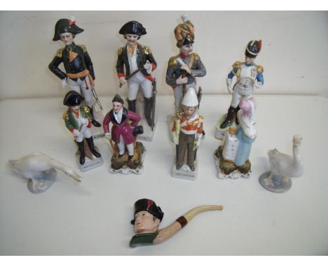 Two Lladro figures of geese and a Napoléon Bonaparte type selection of various continental figures including Napoleonic soldi