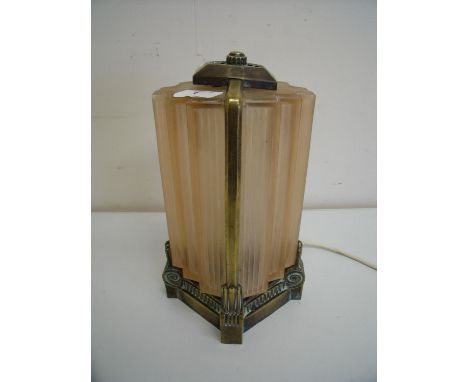 Early 20th C Art Deco brass mounted table lamp with two sectional frosted rose glass shade, reputably from SS France Shipping