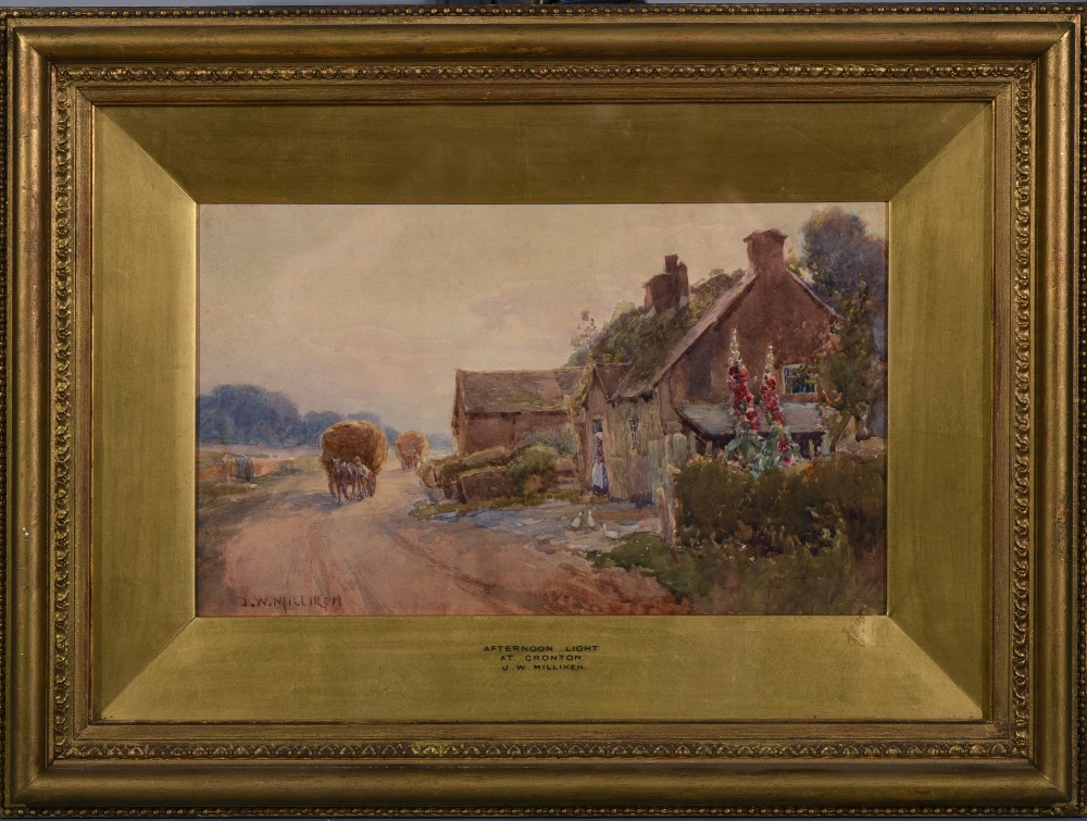 J W Milliken - afternoon light at Cronton, signed watercolour, framed ...