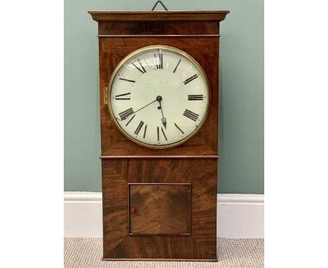 EARLY 19TH CENTURY MAHOGANY CASED WALL CLOCK - moulded cornice, painted enamel dial with Roman numerals, brass bezel and conv