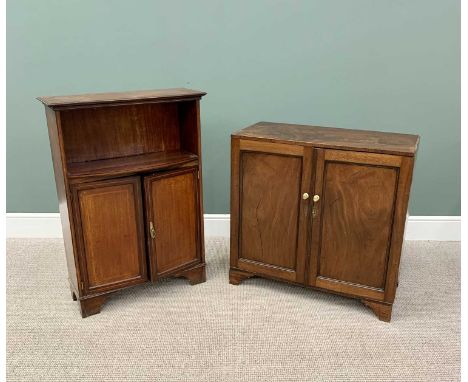 VINTAGE MAHOGANY TWO DOOR CABINETS (2) - to include a string inlaid example with curved front open upper shelf above twin pan