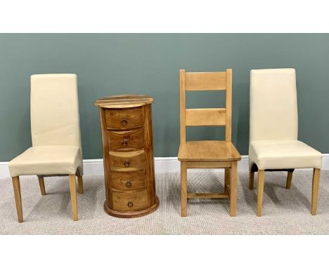 MODERN HARDWOOD CYLINDRICAL CHEST - having five drawers, 85cms H, 41cms diameter, pair of cream leather effect side chairs an